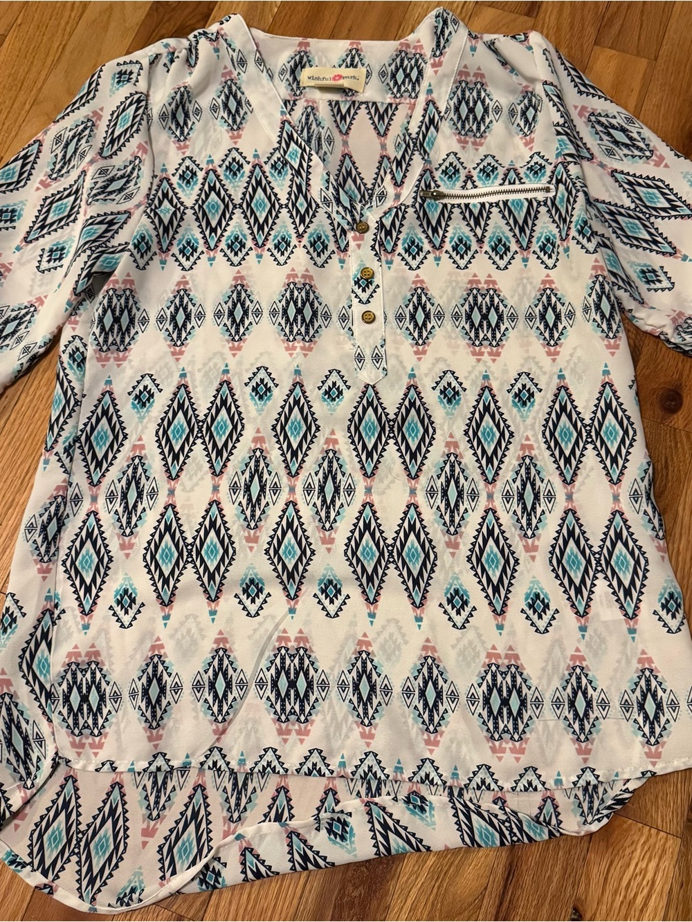 Wishful Park White Aztec-Print Pullover Tunic with Teal & Black